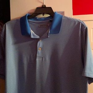 Blue and white striped Cubavera polo shirt